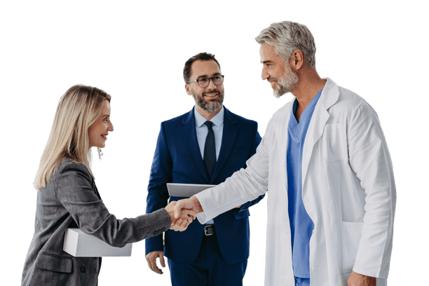 A physician in a white coat shaking hands with a healthcare recruiter, an administrator standing between them